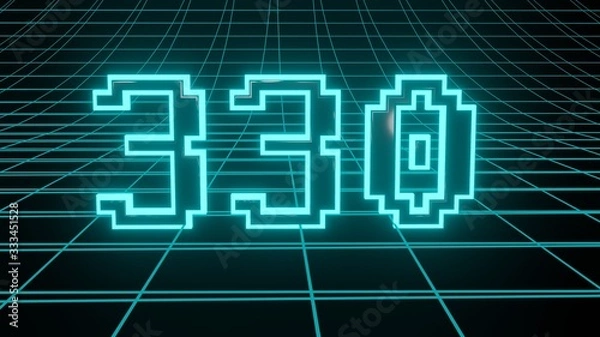Fototapeta Number 330 in neon glow cyan on grid background, isolated number 3d render