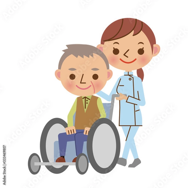 Fototapeta 老人の車いすを押す介護士の女性