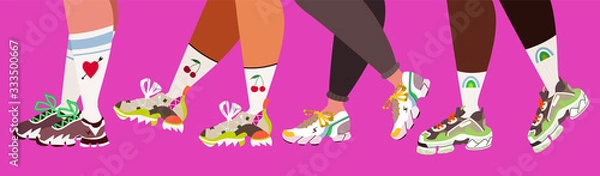 Fototapeta Sneakers and legs. Sport shoes and trendy socks. Set of people legs and different trainers. Modern vector illustration for web banner design. Vibrant pink design. Modern society, fashion.