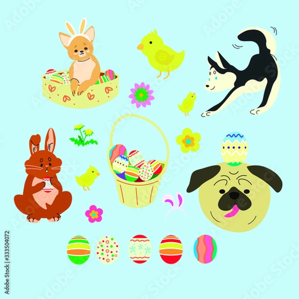 Obraz Cute dog, chicken and rabbit on a blue background. Symbols of the Easter holiday. Spring Flower.