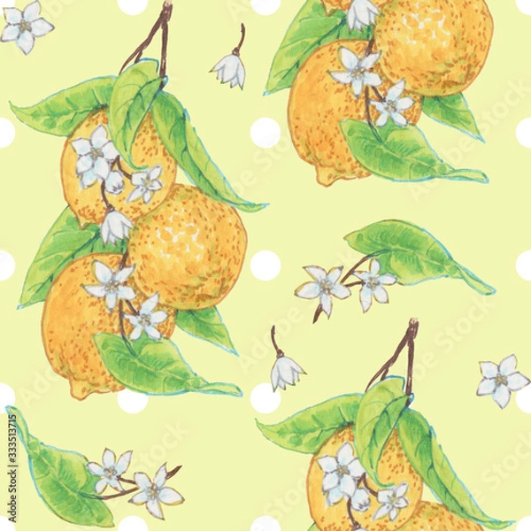 Fototapeta Seamless pattern with lemons on yellow background for wrapper, textile, scrapbooking paper
