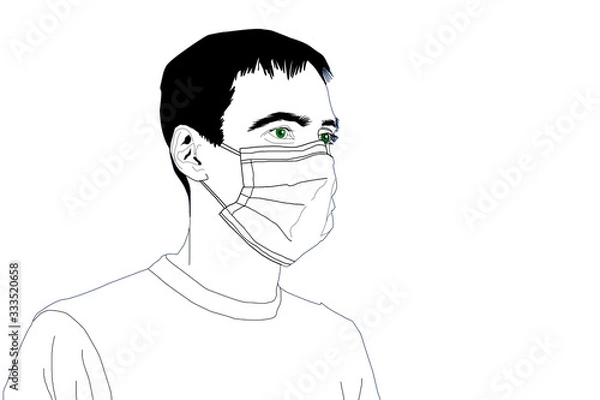 Fototapeta Simple reehand drawing in black outline. Man in a medical mask, head. Protection against germs, viruses. Respiratory diseases, flu.