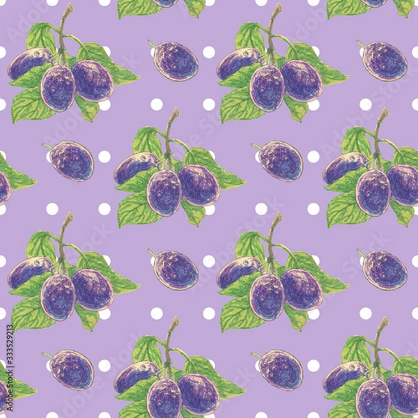 Obraz Seamless pattern with ripe plum on lilac background for wrapper, textile, scrapbooking paper
