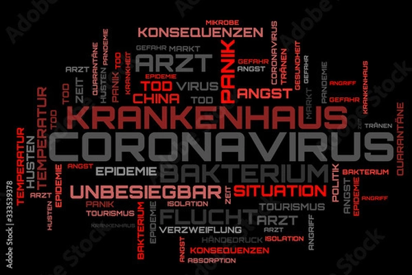 Fototapeta Red german language coronavirus word cloud isolated on black background