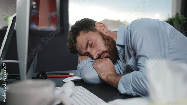 Fototapeta Fun office worker going crazy of alcohol lying on the floor and laughing hard. Drunk addicted business manager getting up sitting in chair. Alcohol intoxication.