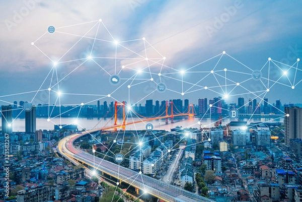 Fototapeta Night view of Wuhan Yangtze River Bridge in Hubei, China and the concept of urban interconnected big data
