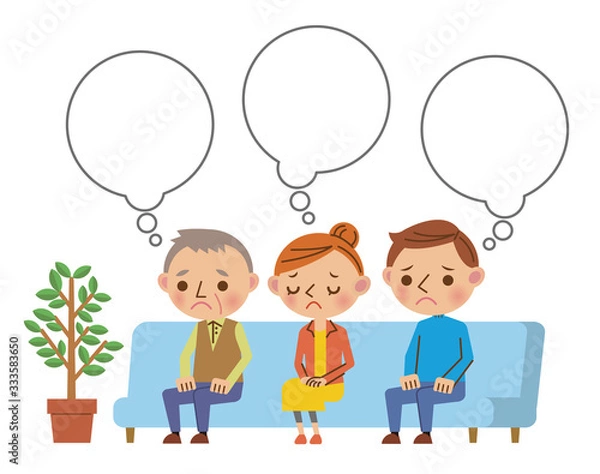 Obraz 病院・歯科医院の待合室で不安な表情で待つ患者3人（フキダシ枠あり）