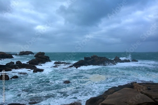 Fototapeta Beautiful view of the pink granite coast during storm in Brittany. France