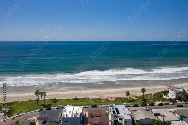 Fototapeta Aerial drone photo of a completely empty Pacific Beach due to the Coronavirus and Covid 19 Pandemic. San Diego, Ca, USA.