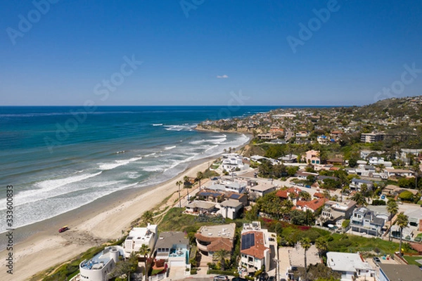 Fototapeta Aerial drone photo of a completely empty Pacific Beach due to the Coronavirus and Covid 19 Pandemic. San Diego, Ca, USA.