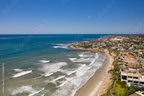Fototapeta Aerial drone photo of a completely empty Pacific Beach due to the Coronavirus and Covid 19 Pandemic. San Diego, Ca, USA.