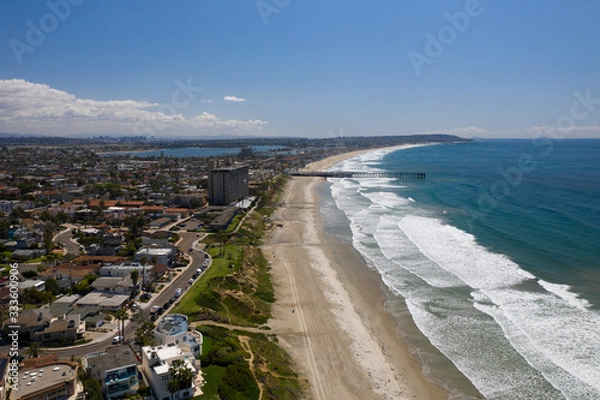 Fototapeta Aerial drone photo of a completely empty Pacific Beach due to the Coronavirus and Covid 19 Pandemic. San Diego, Ca, USA.