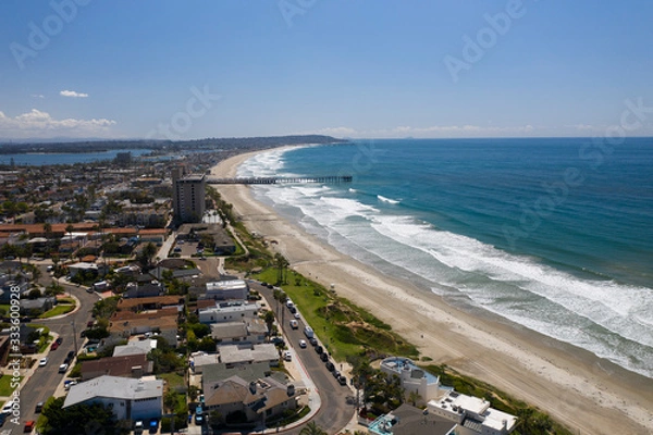 Fototapeta Aerial drone photo of a completely empty Pacific Beach due to the Coronavirus and Covid 19 Pandemic. San Diego, Ca, USA.