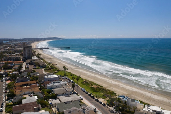 Fototapeta Aerial drone photo of a completely empty Pacific Beach due to the Coronavirus and Covid 19 Pandemic. San Diego, Ca, USA.