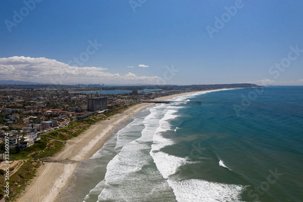 Fototapeta Aerial drone photo of a completely empty Pacific Beach due to the Coronavirus and Covid 19 Pandemic. San Diego, Ca, USA.
