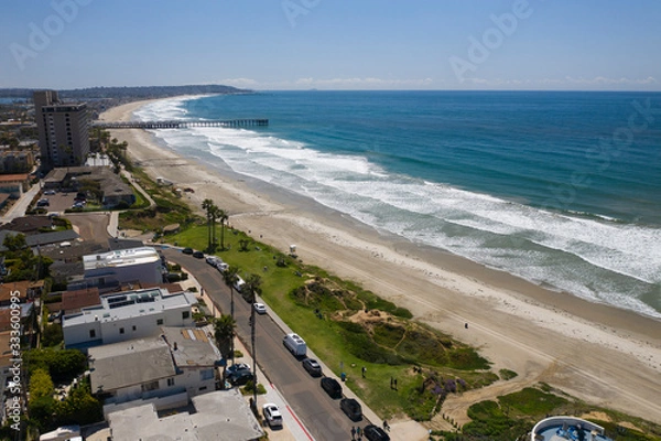 Fototapeta Aerial drone photo of a completely empty Pacific Beach due to the Coronavirus and Covid 19 Pandemic. San Diego, Ca, USA.