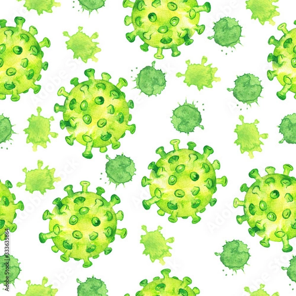Fototapeta Seamless pattern with green coronavirus cells and green backdrops on white background. Hand drawn watercolor illustration.