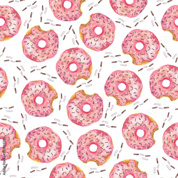Fototapeta Seamless pattern with pink sugar donuts with hearts on white background. Hand drawn watercolor illustration.