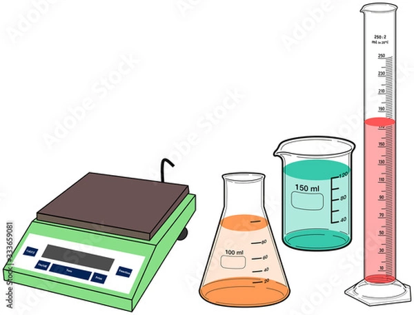 Fototapeta Weighing machine pan scale, conical flask, beaker, graduated measuring cylinder, Chemistry lab equipment for measurement