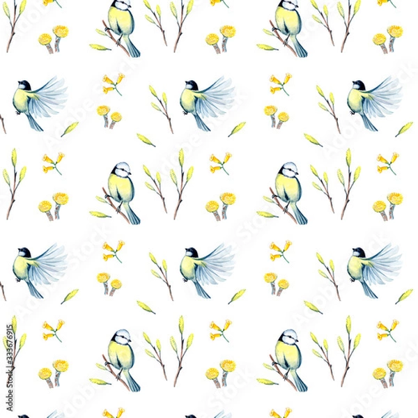 Fototapeta watercolor seamless pattern with spring flowers and titmouse