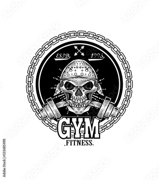 Fototapeta GYM skull vintage logo with barbel on white background-vector