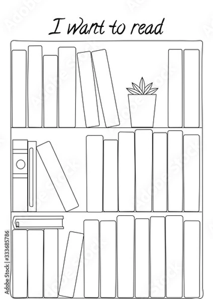 Fototapeta Vector illustration for printable with shelf and books on white background. Minimalist planner of reading for journal page, habit tracker, daily planner template, blank for notebook. A4 paper sheet.