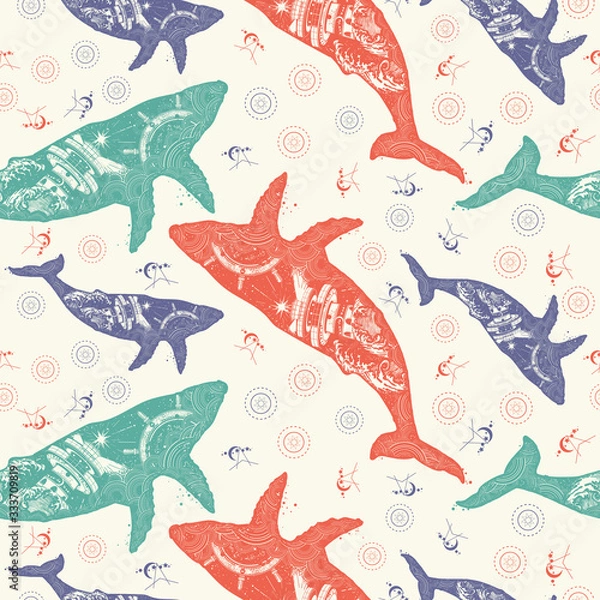Fototapeta Whale. Double exposure animals. Seamless pattern. Packing old paper, scrapbooking style. Vintage background. Medieval manuscript, engraving art.  Symbol travel, adventure. Lighthouse and waves