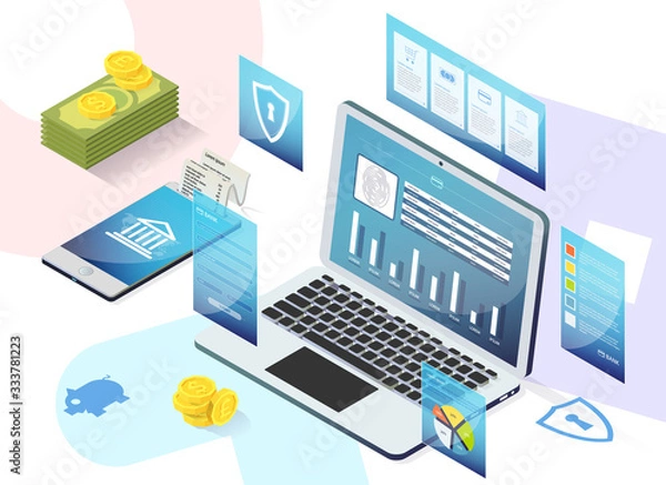 Fototapeta Prompt Poster Service App for Opening Deposits. Banking and Service Transferring Funds from Accounts. An Account Statement Comes Out Smartphone. Laptop Screen, Account Information.