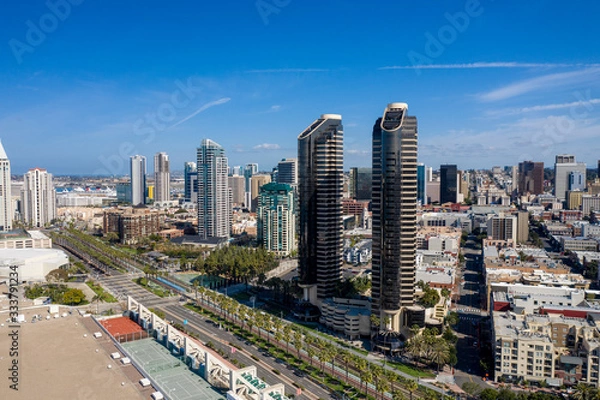 Fototapeta Aerial drone footage of an empty and desolate Downtown San Diego during the Covid-19 Coronavirus Pandemic of 2020. San Diego, California, USA.