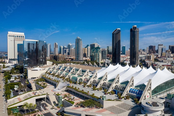 Fototapeta Aerial drone footage of an empty and desolate Downtown San Diego during the Covid-19 Coronavirus Pandemic of 2020. San Diego, California, USA.