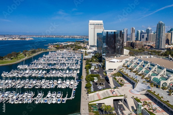 Fototapeta Aerial drone footage of an empty and desolate Downtown San Diego during the Covid-19 Coronavirus Pandemic of 2020. San Diego, California, USA.