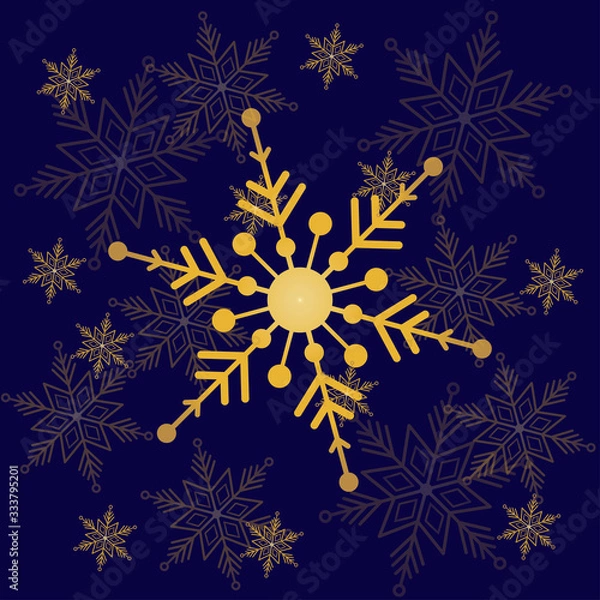 Fototapeta Greeting card with gold snowflakes.Cristmas dark blue background.New year them.Christmas collection. Vector illustration
