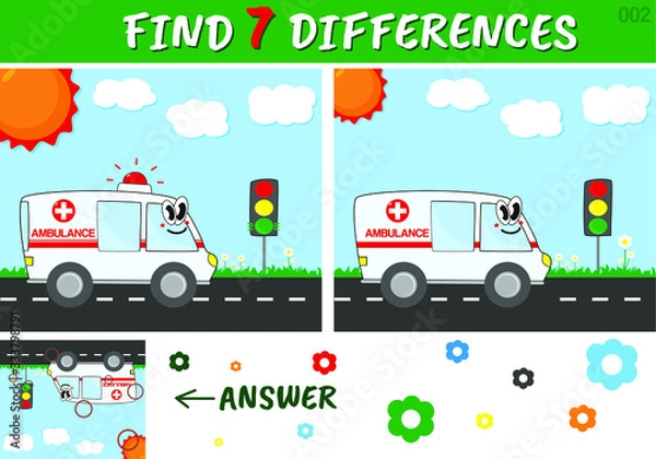 Fototapeta Exercises for young children "Find 7 differences". Educational game for preschool with ambulance car. Vector illustration