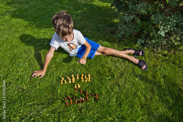 Fototapeta Chess pieces on the lawn on a sunny summer day. Chess game without a chessboard