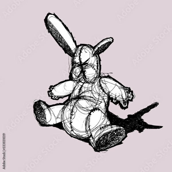 Fototapeta Angry plush hare with ears of different lengths. Color vector illustration. Can be used in social networks, for articles, publications, postcards, prints, posters.