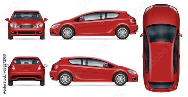Fototapeta Makieta wektor czerwony samochód hatchback na białym dla marki pojazdu, tożsamości korporacyjnej. Widok z boku, z przodu, z tyłu i z góry. Wszystkie elementy w grupach na osobnych warstwach dla łatwej edycji i ponownego kolorowania
