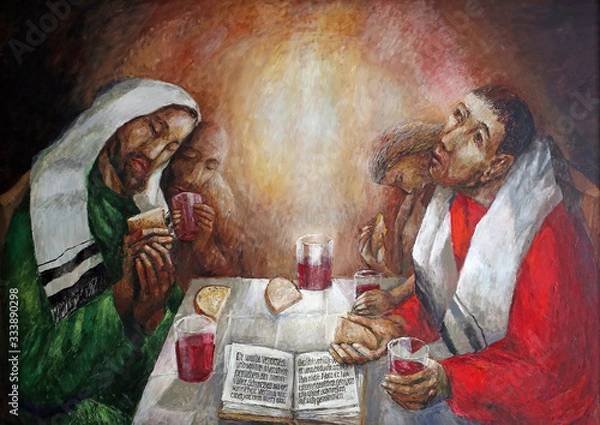 Fototapeta Supper at Emmaus by Sieger Koder, detail of altar in Chapel in Oberstaufen, Germany