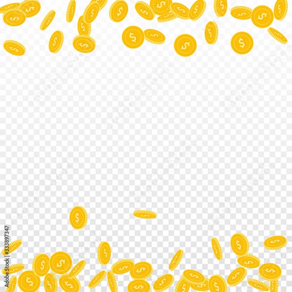 Fototapeta American dollar coins falling. Scattered small USD
