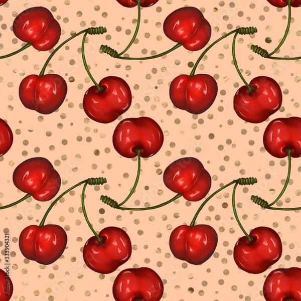 Obraz realistic cherries. seamless pattern hand-drawn with golden dots
