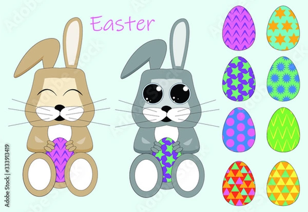 Fototapeta  Easter bunny with an egg and a set of 8 Easter eggs