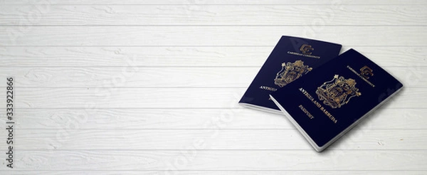 Fototapeta Antigua and Barbuda Passports on Wood Lines Background Banner with Copy Space - 3D Illustration