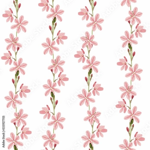 Obraz Seamless pattern with stylized bright summer wild garden flowers. Endless vertical texture. Pink and green colors.