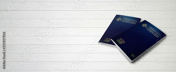 Fototapeta Lebanese Passports on Wood Lines Background Banner with Copy Space - 3D Illustration
