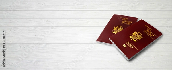 Fototapeta Peruvian Passports on Wood Lines Background Banner with Copy Space - 3D Illustration
