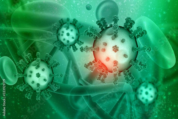 Fototapeta 3d render Corona virus disease COVID-19. Microscopic view of a infectious virus