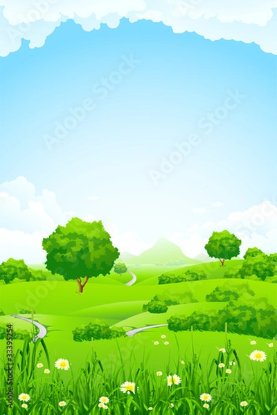 Obraz Green Landscape with trees and mountain