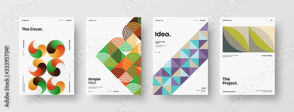 Fototapeta Business presentation vector A4 vertical orientation front page mock up set. Corporate report cover abstract geometric illustration design layout bundle. Company identity brochure template collection.