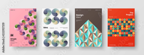 Fototapeta Business presentation vector A4 vertical orientation front page mock up set. Corporate report cover abstract geometric illustration design layout bundle. Company identity brochure template collection.