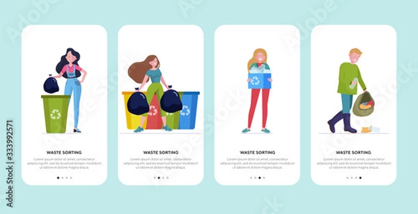 Fototapeta Waste sorting set. People carrying bags with garbage to different trash bins flat vector illustration. Cleaning, recycling, ecology concept for banner, website design or landing web page