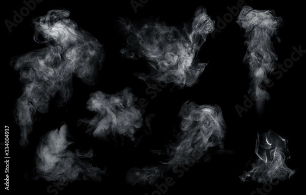 Obraz Mgła lub dym zestaw na białym tle na czarnym tle. Tło białe zachmurzenie, mgła lub smog.